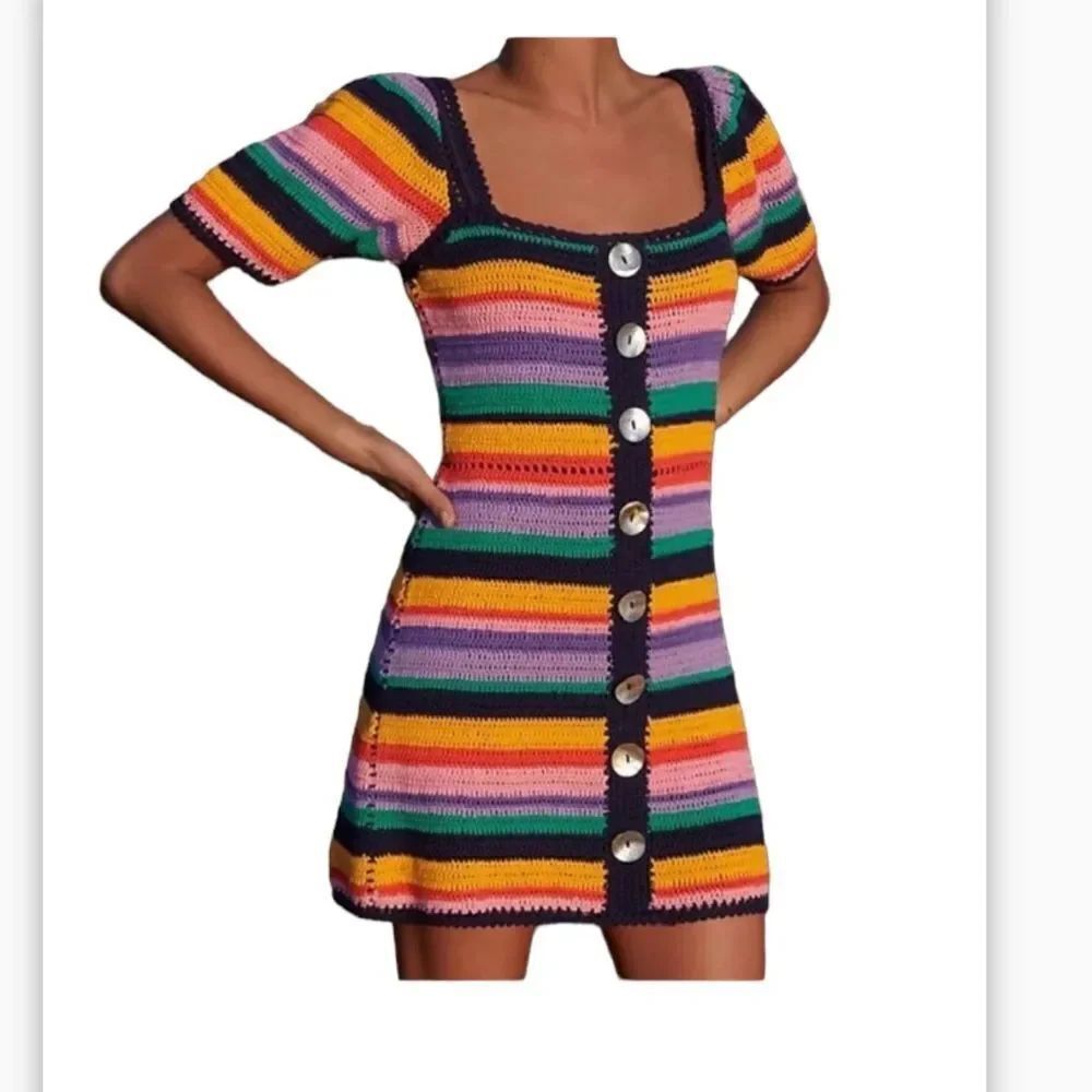 Farm Rio Renata Rainbow Crochet Mini Dress Rainbow